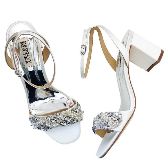 Badgley Mischka Clara, White Block Heels, Pearl & Crystal Trim at Toe - Picture 2 of 3